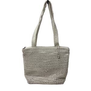 The Sak Cream Crochet Woven Handbag Tote Purse With Silver Metallic Underlay